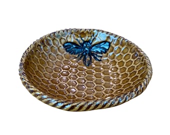 Bee Dip Bowl: Honeycomb Pottery Dish, Tea Bag Rest