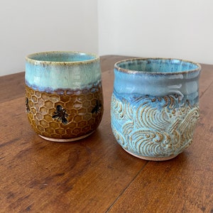 Handmade Pottery Stemless Wine Glass: Bee or Wave Design