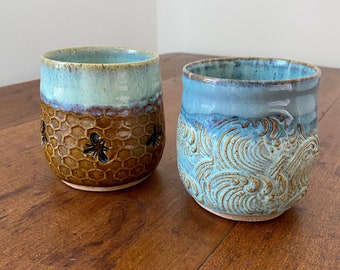 Stemless Wine Glass- Pottery Cup- No Handle Mug -Bee Mug- Beach Mug- Honeycomb Wine Glass - Beach Pottery- Handmade Pottery Wine Glass