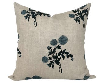 Block Print Floral Pillow Cover: Blue Green Linen Throw Pillow