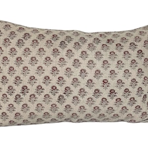 Floral Block Print Lumbar Pillow Cover: Fuschia Red Linen Throw Pillow (16x26)