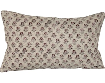 Floral Block Print Lumbar Pillow Cover: Fuschia Red Linen Throw Pillow (16x26)