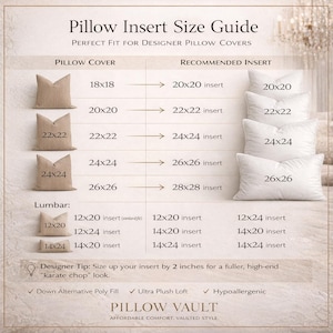 May include: A beige Pillow Insert Size Guide with text and illustrations. It shows pillow cover sizes and recommended insert sizes, including 18x18, 20x20, 22x22, 24x24, and 26x26 inches. It also includes lumbar sizes and a designer tip.
