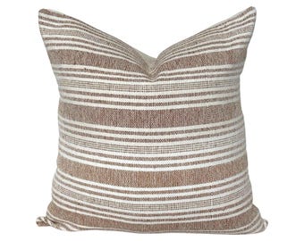 Handwoven Striped Throw Pillow Cover: Neutral Rust & Cream Boho Cushion