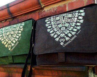 Chocolate Brown Denim Adinkra Large Crossbody Messenger/Shoulder Bag With Blazing Gold Adinkra Symbols