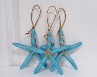 Set of 3 Blue Artificial Starfish Ornaments, Starfish Ornaments, Beach Christmas Ornaments, Coastal Christmas Ornaments