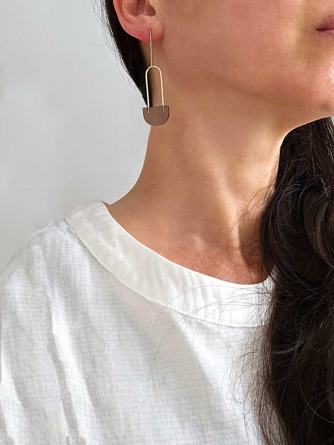 Long Loop Earrings | Minimalist Gold and Brown Geometric Dangle ...