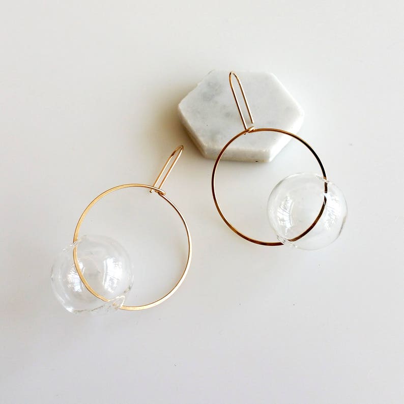 ROUND & ROUND CLEAR circle earrings, gold earrings, bubbles, clear, dangle earrings, minimalist earrings, glass jewelry image 3