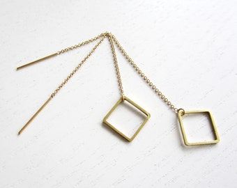 SQUARE THREADER  | square earrings, long earrings, gold earrings, chain earrings, tread earring, geometric, needle threader, minimal |