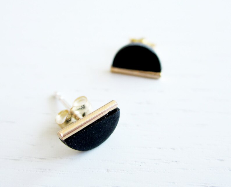 GOLD EDGE STUD_B gold earring, black earrings, black studs, earrings studs, circle studs, minimalist, geometric, gold studs, tiny image 1