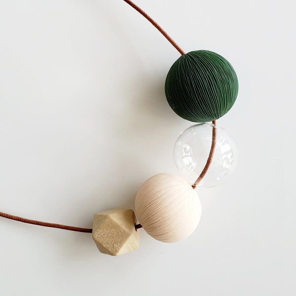 DOTS NECKLACE NO. 18 | green, beige, beads necklace, pom pom necklace, bubbles necklace, clay jewelry, adjustable necklace |