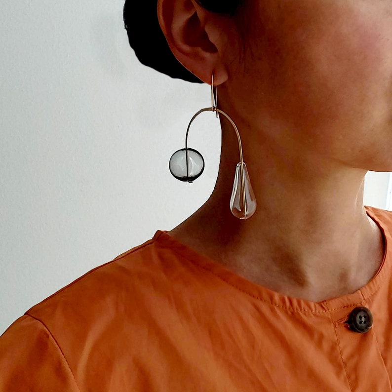 EBB AND FLOW earrings mobile earrings, gold earrings, bubbles, clear, dangle earrings, minimalist earrings, glass jewelry image 1