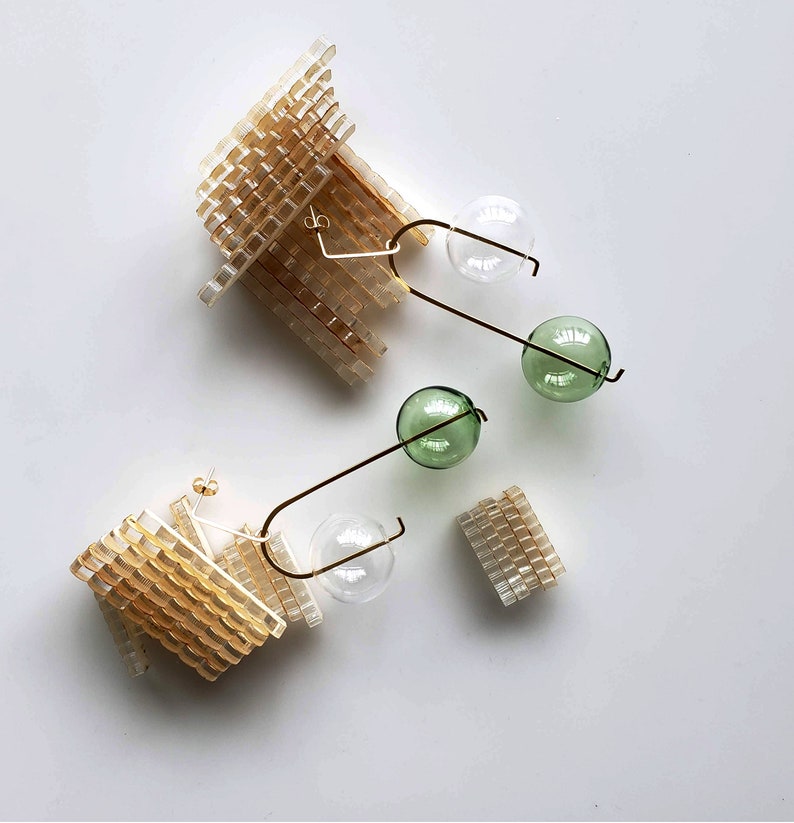 BALANCING ACT NO. 2_GR clear earrings, circle earrings, minimal earrings, mobile earrings, modern jewelry, sphere earrings, green image 4