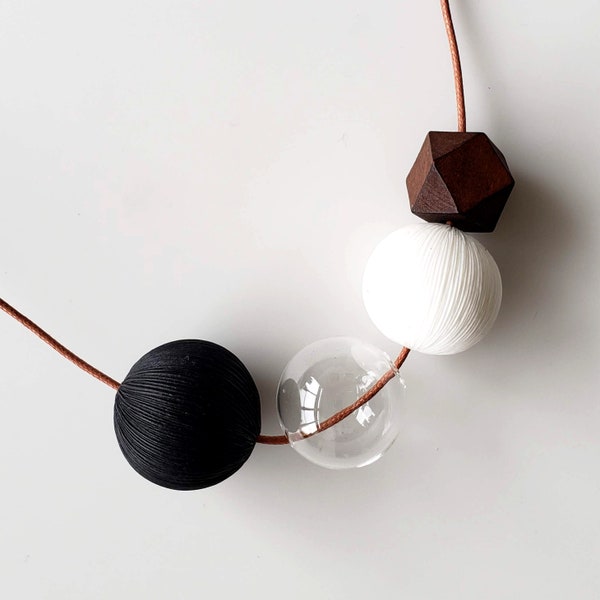 DOTS NECKLACE NO. 23 | black, white, beads necklace, pom pom necklace, bubbles necklace, clay jewelry, adjustable necklace |