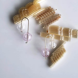 BALANCING ACT NO. 2_PK clear earrings, circle earrings, minimal earrings, mobile earring , modern jewelry, sphere earrings, pink image 3