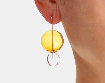 CIRCLE DROP EARRINGS_YL | clear earrings, circle earrings, minimal earrings, gold, modern jewelry, sphere earrings, yellow earrings |