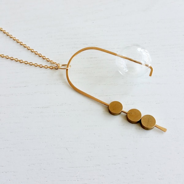 Mobile Necklace, Gold Necklace, Statement, Hand Blown Glass, Asymmetric, Long Necklace