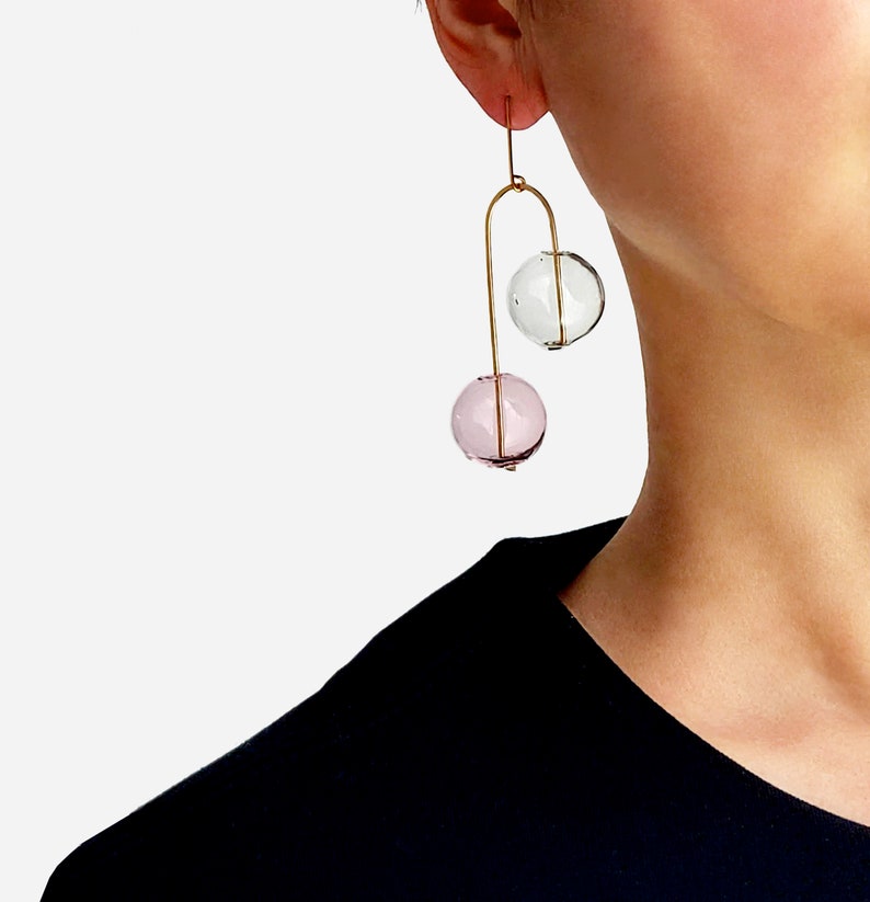 BALANCING ACT NO. 2_PK clear earrings, circle earrings, minimal earrings, mobile earring , modern jewelry, sphere earrings, pink image 1