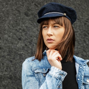 Navy blue colored  fisherman&#39;s cap,fiddler cap, sailor cap, Elbsegler cap, handmade of cotton jeans fabric