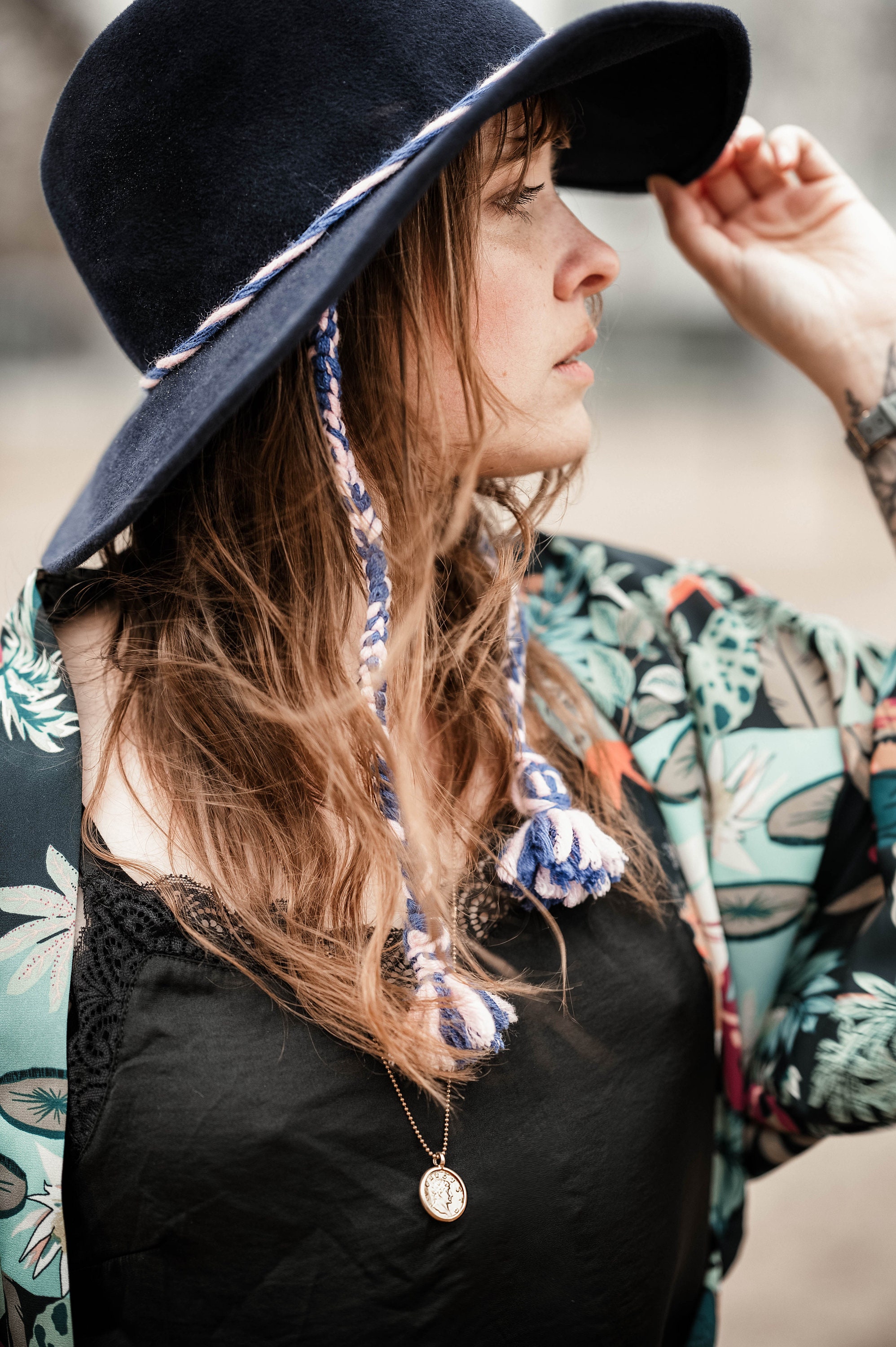 Embroidered Blue Wide-Brim Fedora Hat with Tassel Ari Wide Brim Fedora main image 2