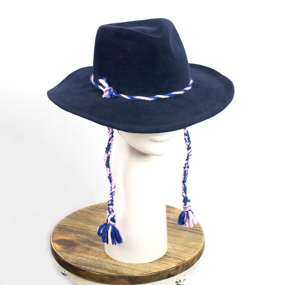 Embroidered Blue Wide-Brim Fedora Hat with Tassel Embroidered Blue Wide-Brim Fedora Hat with Tassel main image 2