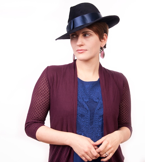 Shiny Blue Velours Felt Fedora for Women
