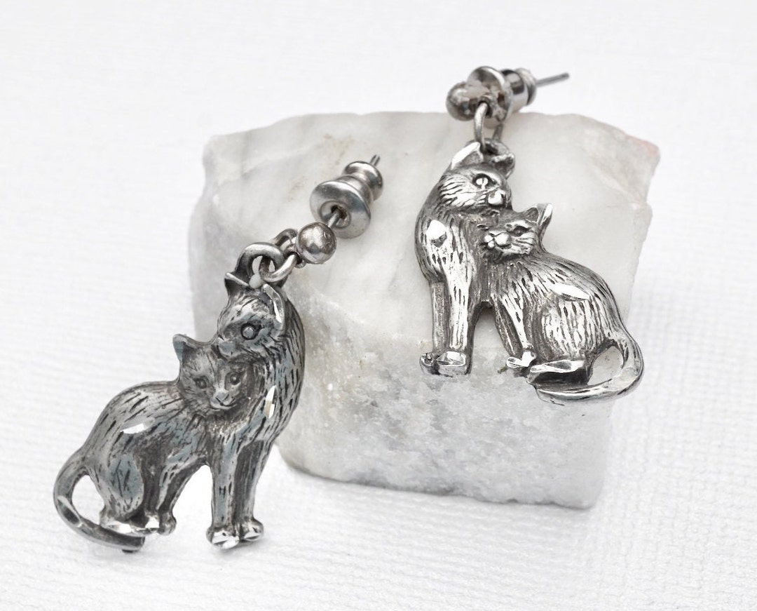 Vintage Cat Earrings Cuddling Kitty Danglers Pewter Tone Etsy