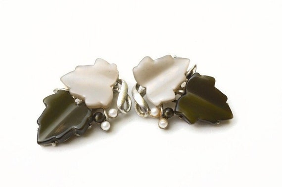 1950s Coro Leaf Earrings | Green & Greyish Moonglow Lucite/Thermoset with Faux Pearls | Autumn Fall Jewelry | Clip Ons for Non Pierced Ears