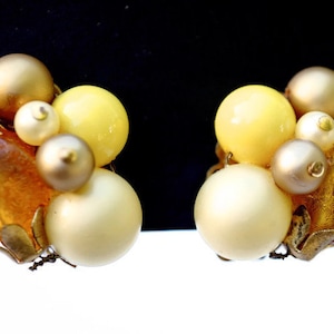 1950s-60s Yellow Beaded Earrings | Vintage Fruit Salad Cluster Clip Ons | Mid Century Retro Costume Jewelry
