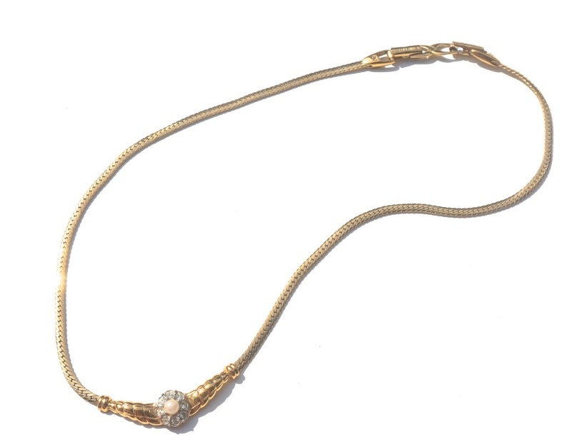 Vintage High End Costume Jewelry Genuine Signed Designer Piece NINA RICCI Necklace NOT Avon Gold Tone with Rhinestones and Faux Pearl