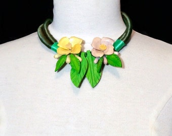 Vintage Wooden Flower Necklace on Satin Covered Cord | Unusual Floral Bib | Statement Jewelry