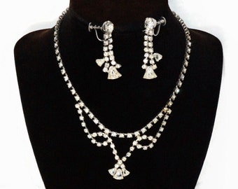 Vintage Rhinestone Necklace & Earring Set | Sparkly Clear Crystal Bib/Choker with Screw Back Dangle Earrings | Wedding Bridal Jewelry