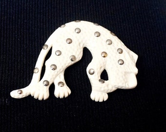 Vintage Leopard Brooch | Art Deco Style off White Prowling Cat Lapel Pin | Feline Cheetah Wild Animal Statement Jewelry