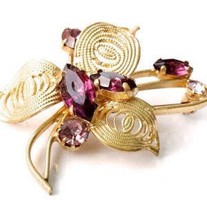 Vintage Purple Glass Filigree Flower Brooch | Gold Tone Lapel Pin with Faux Amethyst Rhinestones | Art Nouveau Style Floral Boutonniere