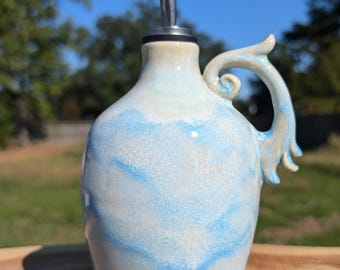 Handmade Stoneware Olive Oil or Vinegar Bottle Pourer in Glacier Ice Blue, Wheel Thrown Ceramic Oil Bottle, Ceramic Soap Bottle