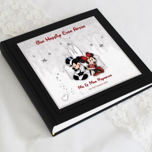 Personalised 2022 Mickey & Minnie Mouse Wedding Photo Album in Black or White with keepsake box.