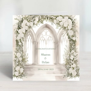 Carte personnalisée de félicitations, mariage, anniversaire de voûte d'église blanche et ivoire