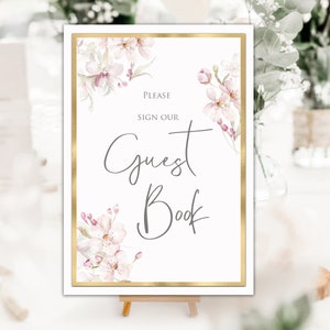 Spring inspired Pink Blossom Wedding Guest Book Sign - Gold or Silver