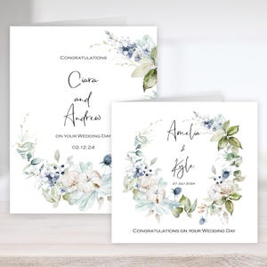 Gepersonaliseerde aquarel blauwe winterdistels en bessen felicitatiekaart voor bruiloften, jubilea in 2 maten. 1e klas verzendkosten
