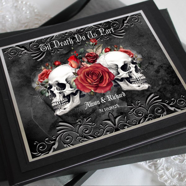 Livre d'or de mariage gothique alternatif Til Death Do Us Part, en boîte et personnalisé, têtes de mort et roses rouges