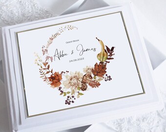 Boxed & Personalised Rustic Florals and Foliage Guest book perfect for Autumn weddings. In silver and gold with matching guest book sign.