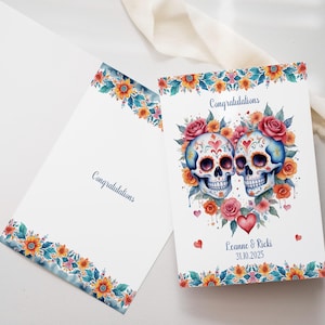 Carte de félicitations personnalisée de style fiesta mexicaine de crânes de sucre A5 pour des mariages, des anniversaires