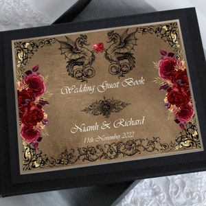 Boxed & Personalised Dragon Grimoire Guest Book for alternative couples. For weddings and other celebrations, in 2 colours. Guest Book sign