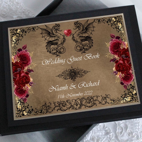 Boxed & Personalised Dragon Grimoire Gothic Grunge Wedding Guest Book in 2 colours