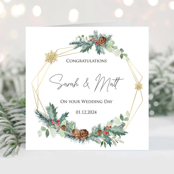 Personalised Pine cones & Holly Christmas Wedding Card