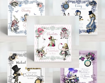 Personalised Whimsical Alice in Wonderland cards featuring popular characters, White rabbit, Cheshire cat and Mad Hatter with iconic quotes