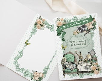 Personalised A5 Green & Ivory Alice in Wonderland Wedding or Anniversary Card