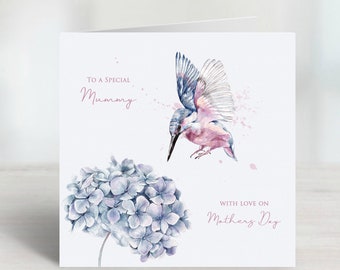 Hydrangea & Hummingbird Mother's Day card for Mum, Mummy