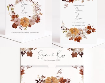 Personalised Rustic leaves and Pumpkins Autumn Fall Congratulations card for Weddings, anniversaries, in 2 sizes & matching Money wallet