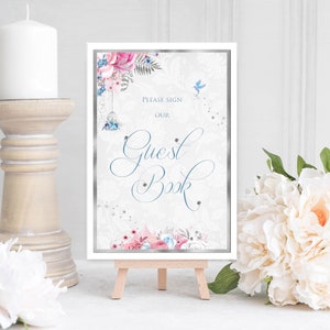 Letrero para libro de visitas de princesas de cuento de hadas en rosa y azul para bodas, cumpleaños, quinceañeras y bautizos